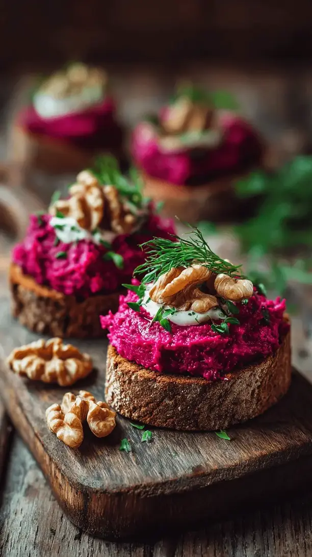beet and walnut dip on rye toasts