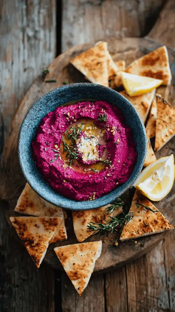 beet hummus with pita chips