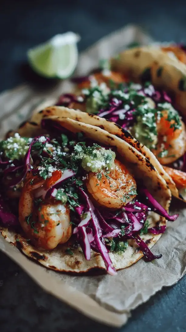 chipotle shrimp tacos with cabbage slaw