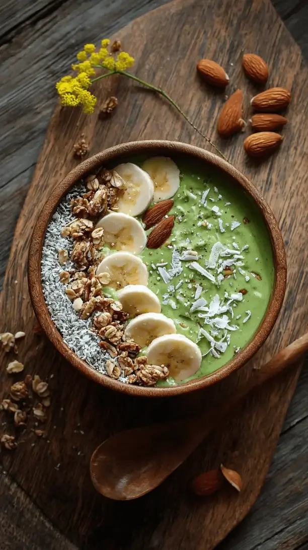 green smoothie bowl with granola