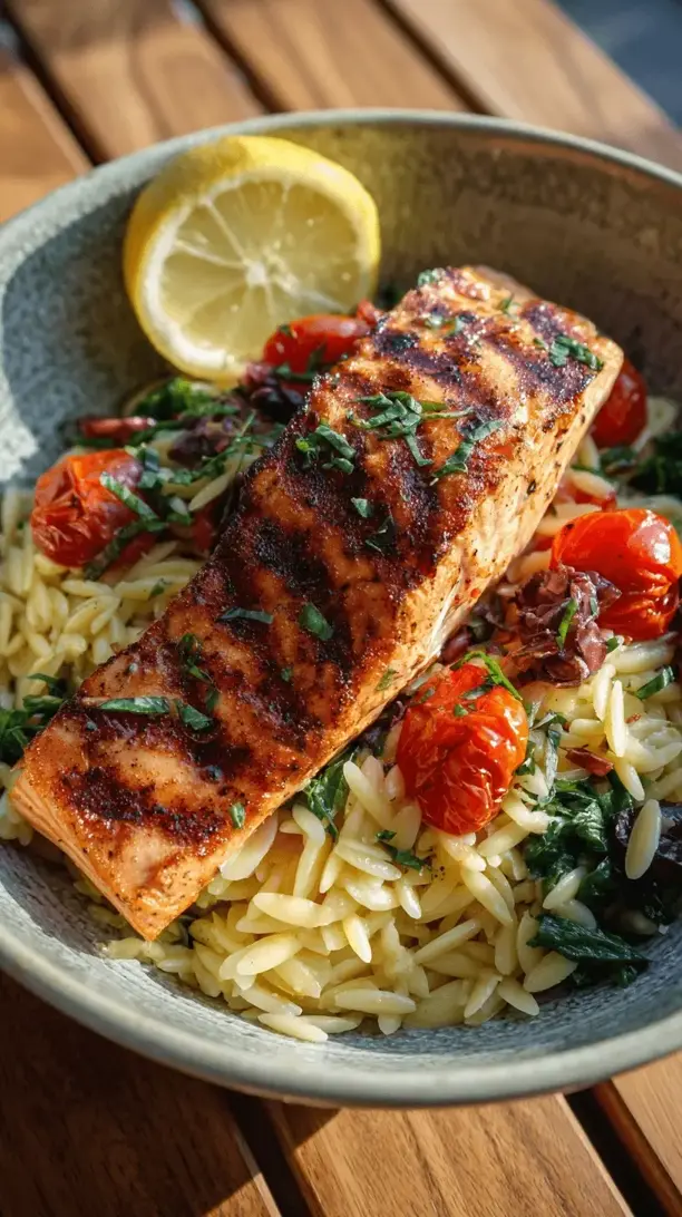grilled salmon orzo bowl