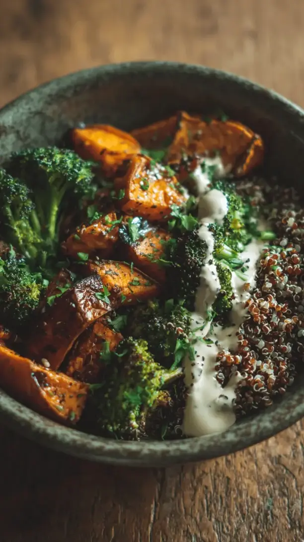 roasted sweet potato and broccoli bowl