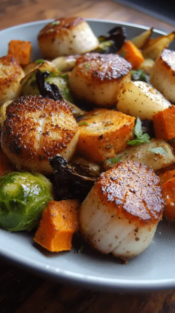 seared scallops with roasted vegetables