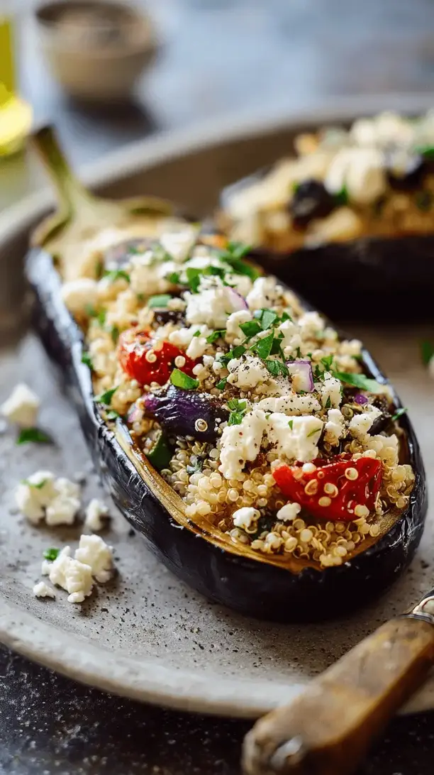 stuffed eggplant with quinoa and feta